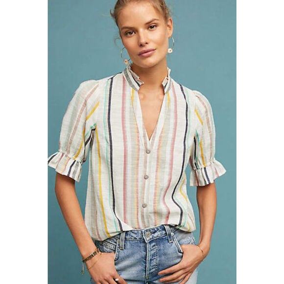Anthropologie Maeve Sz 10 Alisa Ruffled Short Sleeve Blouse 100% Cotton - Picture 1 of 8